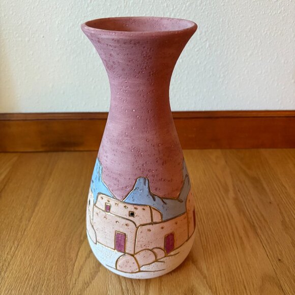 Signed Numbered Vera Russell Handmade Vase Pink Blue Mountains Pueblos Desert - Picture 5 of 12